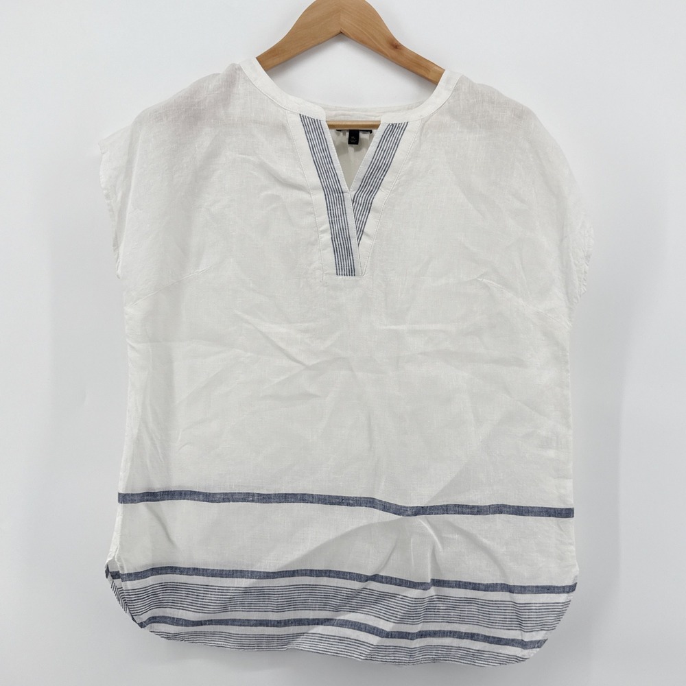 Talbots‎ Petite Linen Top White Blue Striped V Neck Short Sleeve Medium Blouse